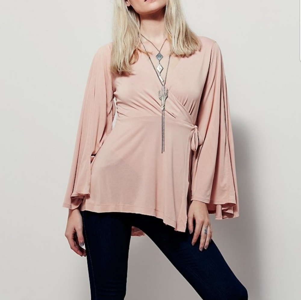 New Free People Pink Dusty Rose Dynasty Bell Sleeve Boho Wrap Top Small